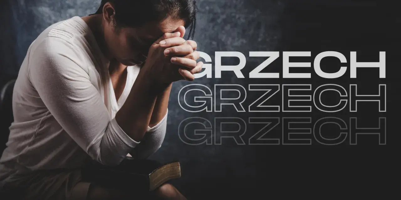 Kobieta z złożonymi dłońmi nad czołem, siedząca obok Biblii, symbolizuje ciężki grzech i pokutę.