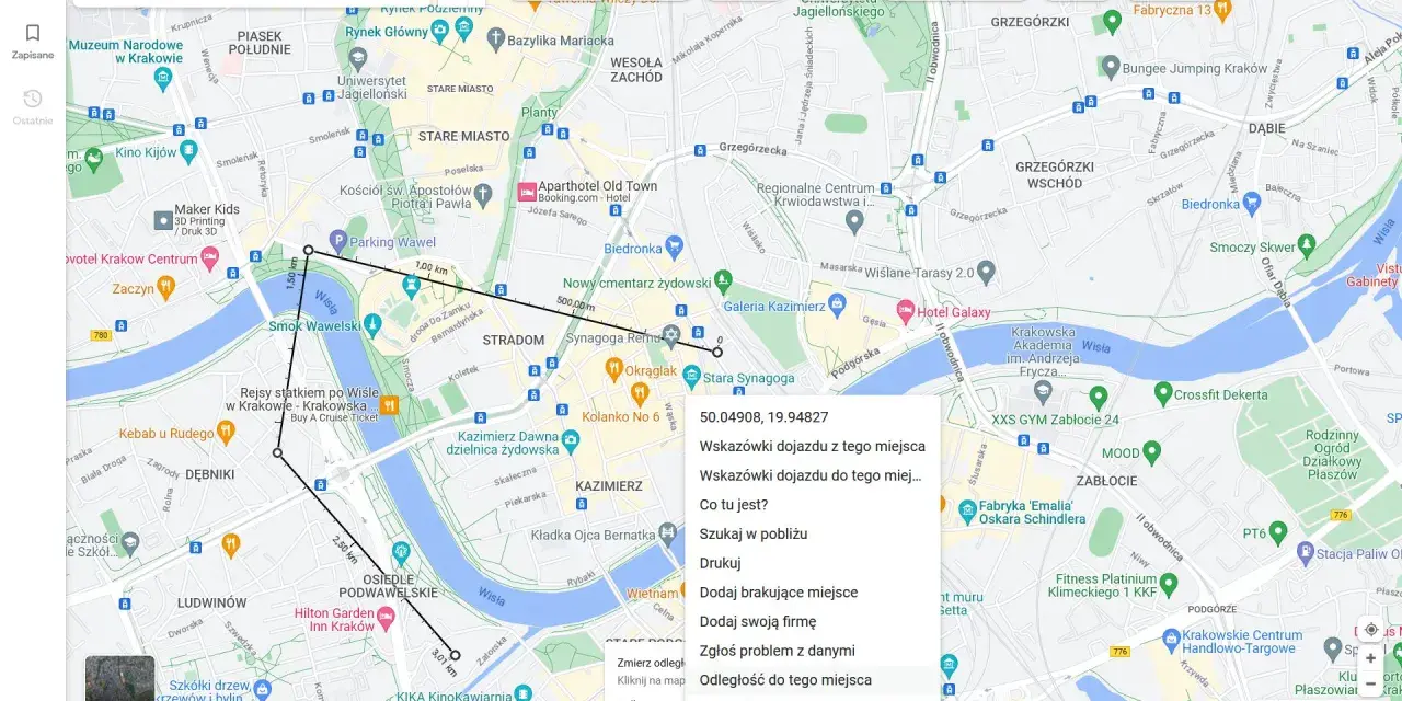 Jak zmierzyć odległość na mapie Google? Kliknij "Odległość do tego miejsca", by poznać dystans między punktami na mapie Krakowa.