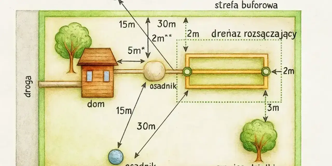 Schemat przydomowej oczyszczalni ścieków: dom, osadnik, drenaż rozsączający, studnia. Wymiary wskazują na wpływ na koszt budowy oczyszczalni ścieków.