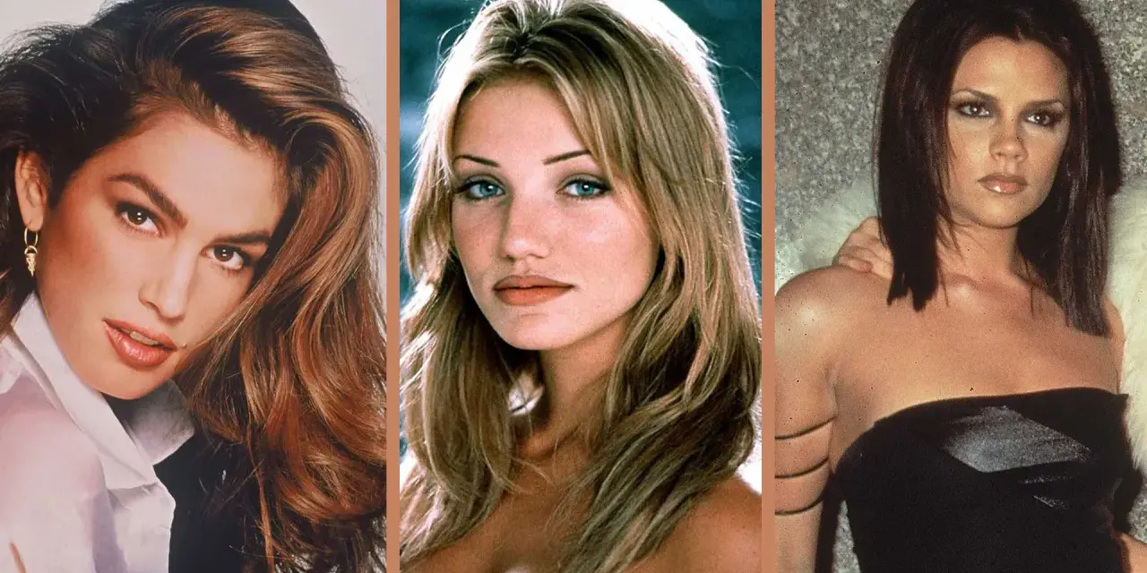 Icone degli anni '90: Cindy Crawford, Cameron Diaz e Victoria Beckham con il loro iconico trucco.