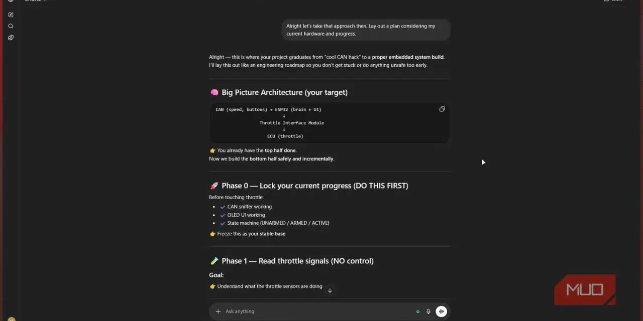 ChatGPT outlines an ESP32 project roadmap, starting with CAN bus integration and throttle signal reading.