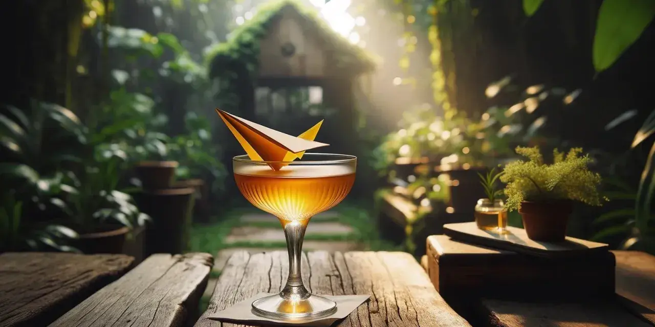 Przepis na drink "Broken Plane" - złocisty koktajl w kieliszku z papierowym samolocikiem, na tle bujnej, zielonej dżungli.
