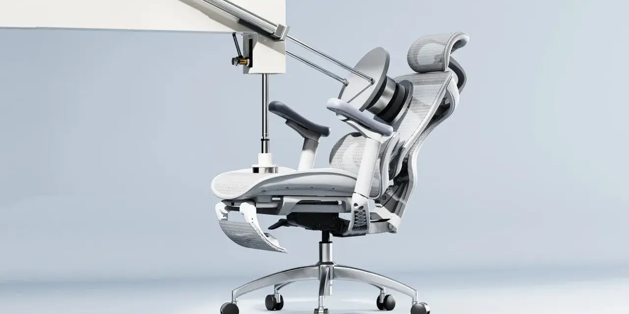 Fauteuil ergonomique médecine du travail, au design futuriste, avec repose-pieds déployé et appui-tête réglable.