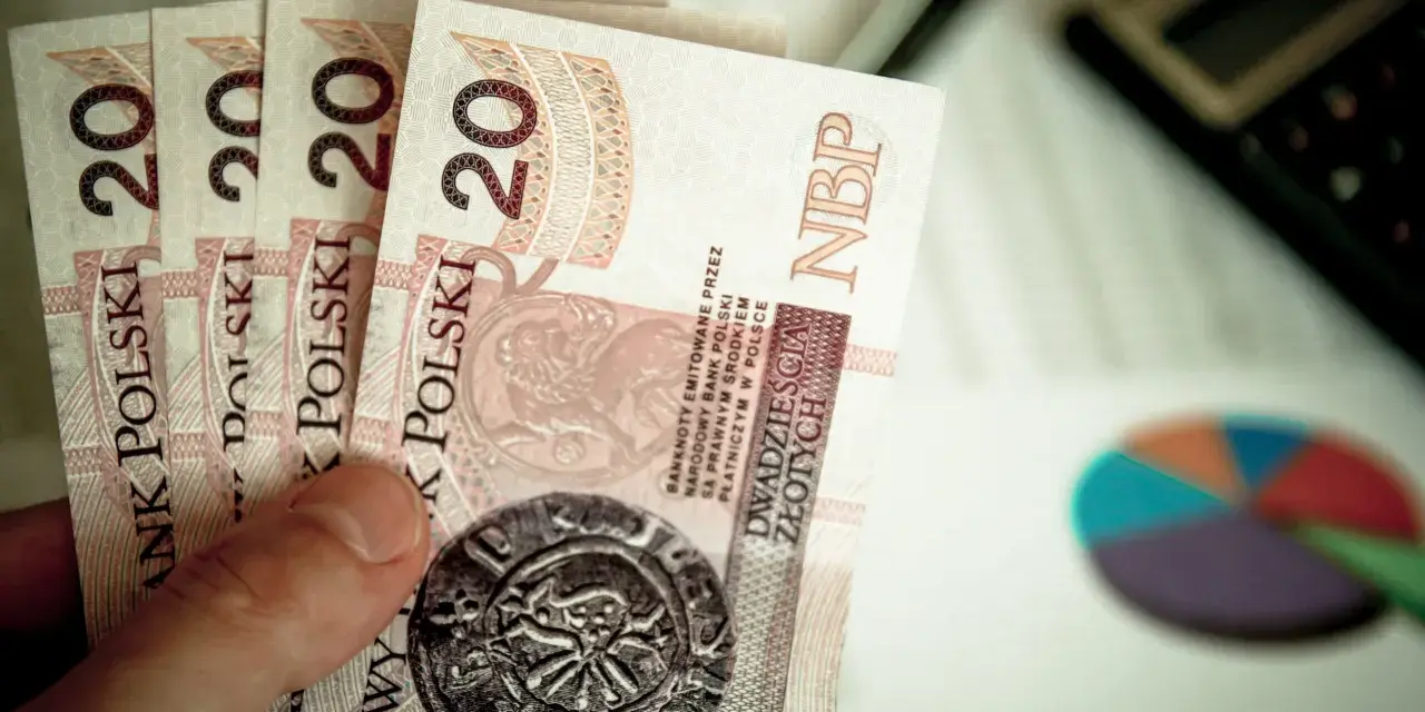 Ręka trzyma banknoty 20 zł. Obok kalkulator i wykres kołowy. Planowanie finansowe na 2025 rok, stawka godzinowa netto.