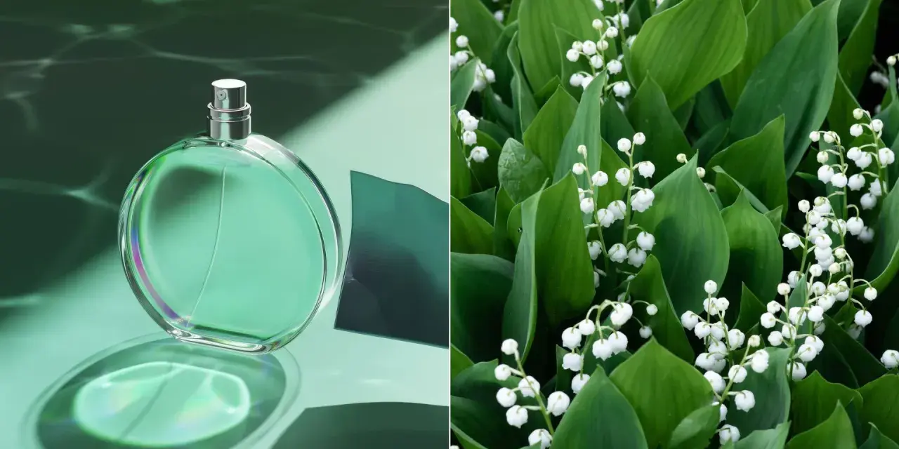 Zielona butelka perfum konwaliowych na tle wodnych refleksów i bujnych, zielonych liści z białymi dzwoneczkami konwalii.