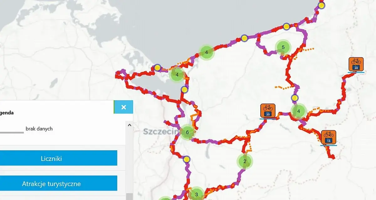 Mapa Pomorza Zachodniego z zaznaczonymi trasami rowerowymi, punktami turystycznymi i licznikami.