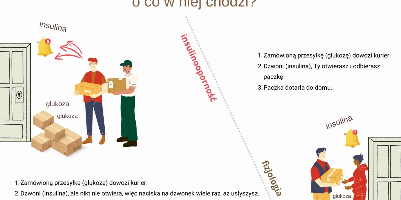 Ilustracja wyjaśnia hiperinsulinemię: kurierzy z glukozą czekają, a insulina (dzwonek) nie działa.