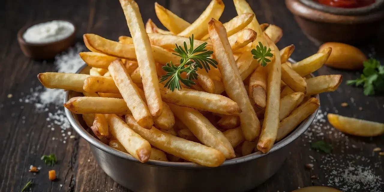 Goldgelbe, knusprige Pommes in einer Schüssel, perfekt zum Pommes selbst machen. Dazu Ketchup und eine Dip-Schale.