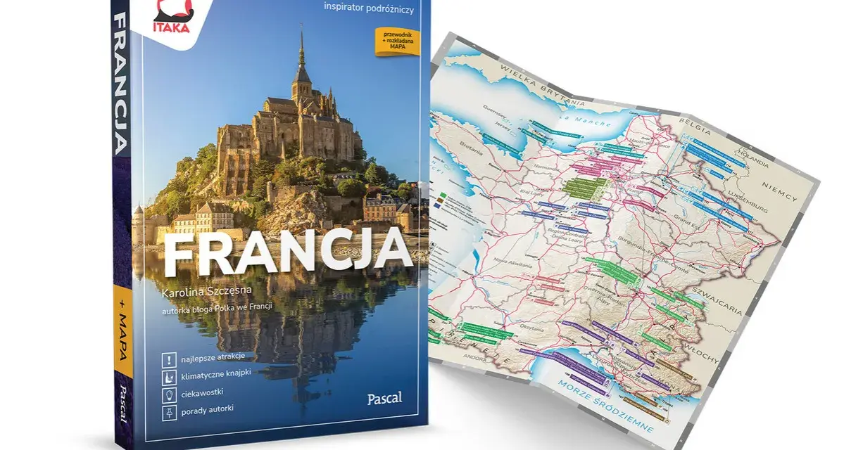 Przewodnik po Francji z mapą, przedstawiający Mont Saint-Michel i mapę kraju.