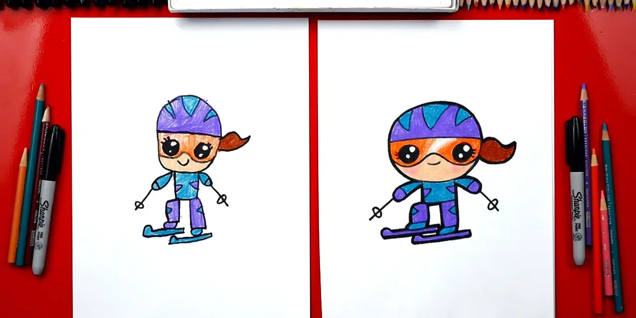 Två tecknade skidåkare i lila och blått, redo för äventyr i snön.