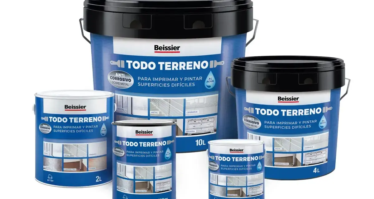 Latas de pintura Beissier Todo Terreno, ideal para imprimar y pintar superficies difíciles, incluyendo plástico/PVC.