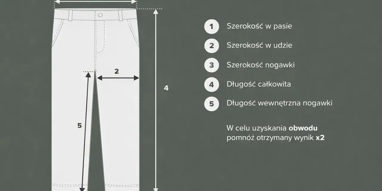 Tabela rozmiarów spodni, w tym szerokość w pasie, udzie i nogawce, długość całkowita i wewnętrzna. Idealne dla rozmiaru spodni 44.