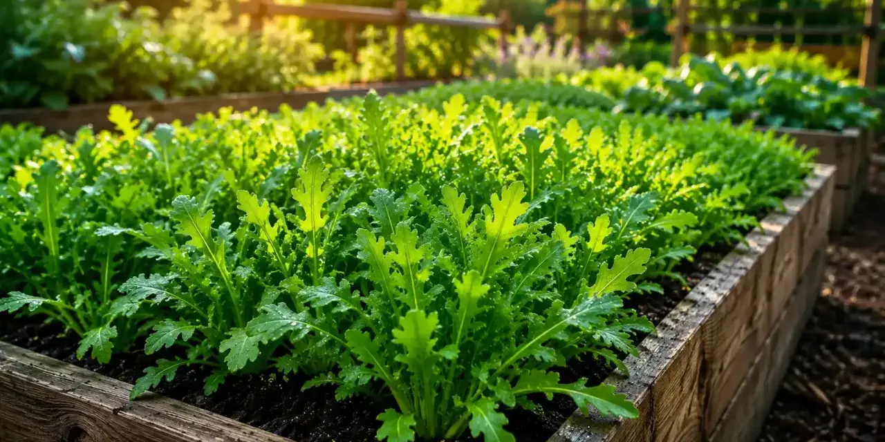 Un letto rialzato pieno di rucola verde brillante, un segno che è il momento perfetto quando si semina la rucola per un raccolto abbondante.
