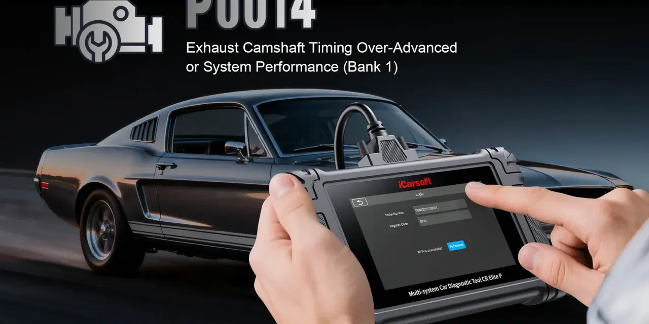 A hand uses an iCarsoft diagnostic tool to address the P0014 code, indicating exhaust camshaft timing over-advanced or system performance issues on Bank 1, with a classic car in the background.