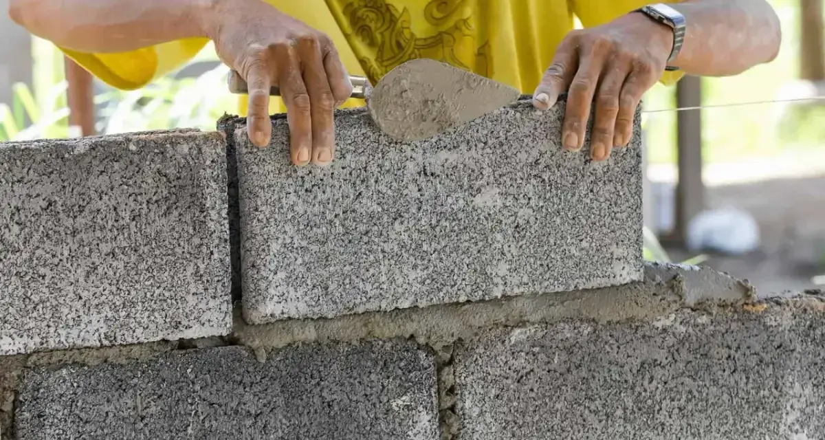 Budowniczy układa bloczki betonowe, tworząc ścianę. Widać, ile bloczków betonowych na m2 potrzeba do budowy.