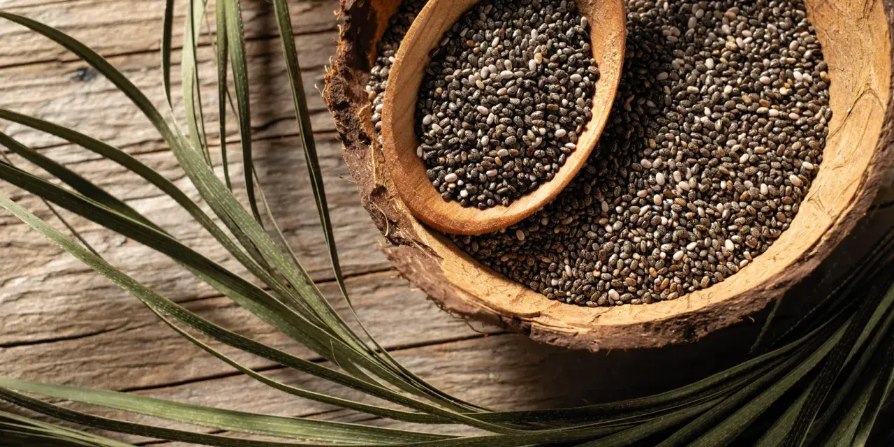 Graines de chia dans une écorce de noix de coco, une cuillère en bois remplie de ces petites graines. Un aliment idéal pour une femme enceinte.