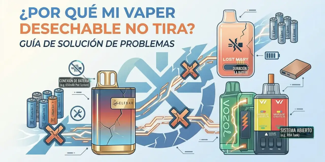 Ilustración sobre por qué un vaper desechable es malo, mostrando problemas de batería y componentes.