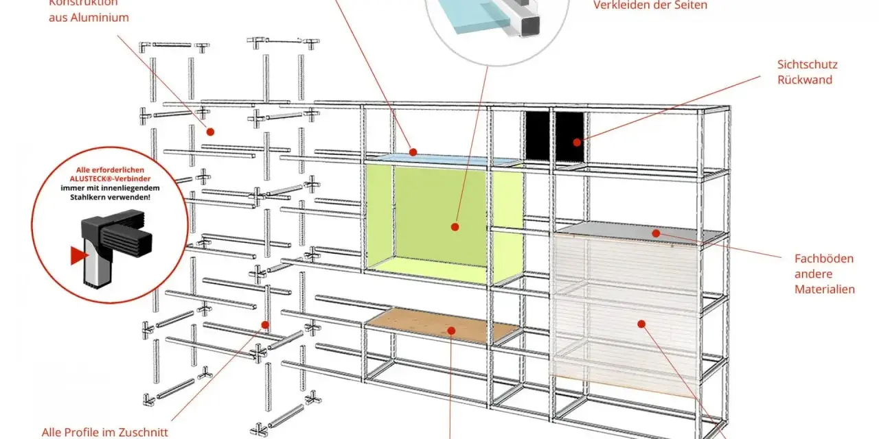 Explosionszeichnung einer Regalwand zum Regal selber bauen. Aluminiumprofile, Glas-, Holz- und andere Fachböden sowie Sichtschutzoptionen sind dargestellt.