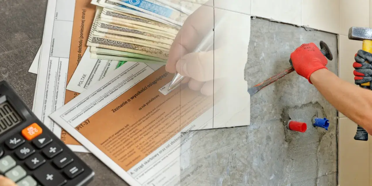 Jak odliczyć remont od podatku? PIT-37, pieniądze i narzędzia budowlane sugerują możliwość odliczenia wydatków.