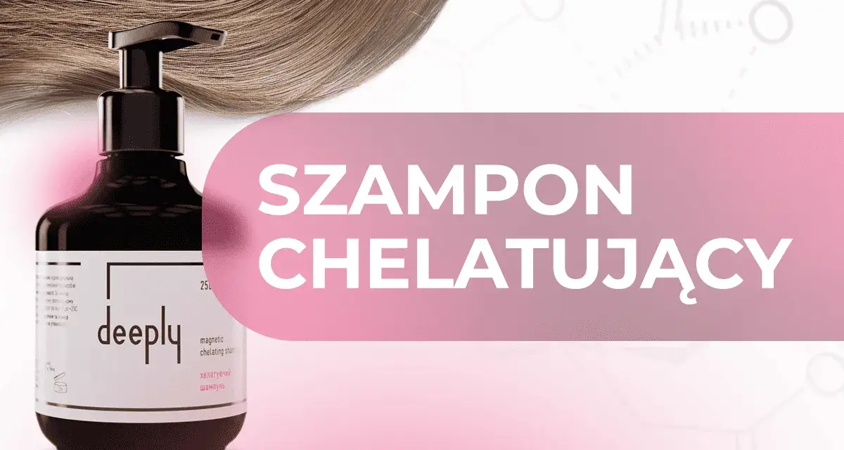 Butelka szamponu chelatującego "deeply" na tle falujących włosów. Dowiedz się, szampon chelatujący co to jest i jak działa.