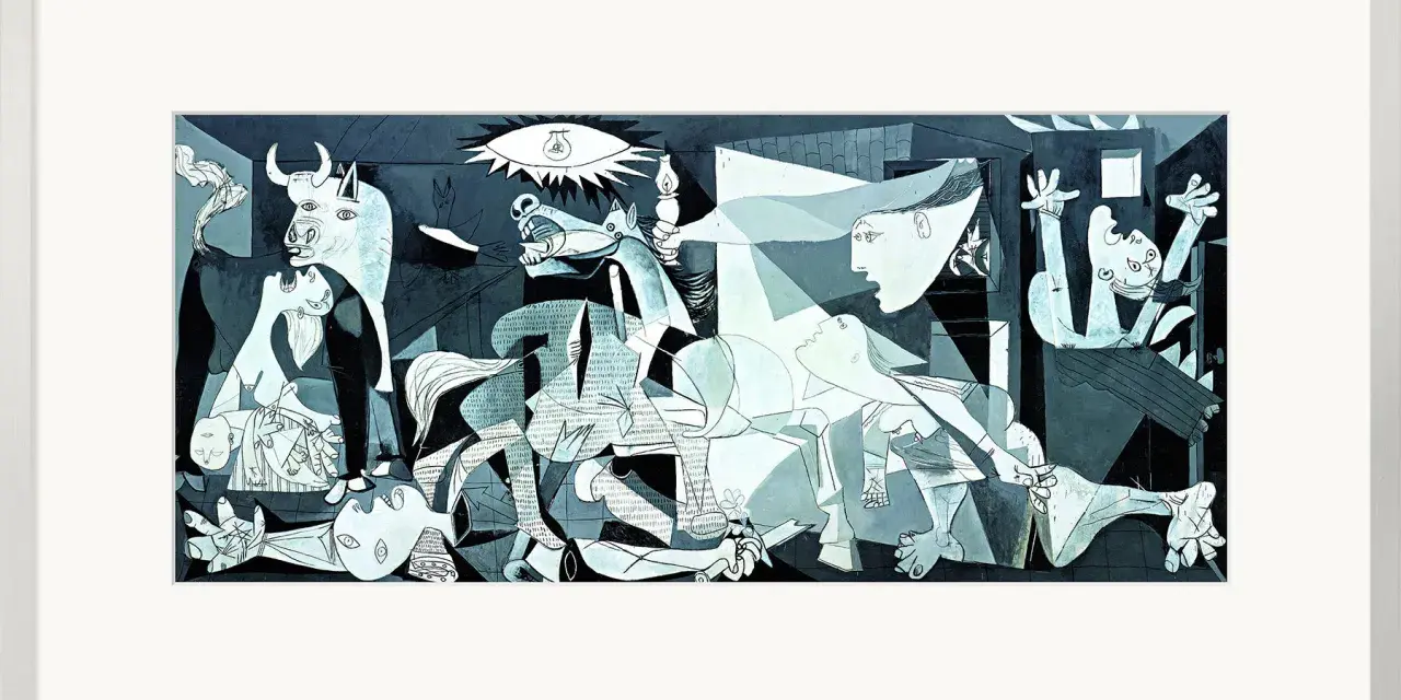 En kraftfull scen med en tjur, en häst och lidande människor, typiskt för Picasso målningar.