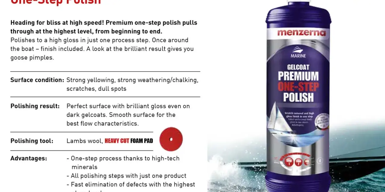 Menzerna Gelcoat Premium One-Step Polish ger en perfekt yta med briljant glans. Enkel process för att ta bort repor och ge hög glans.