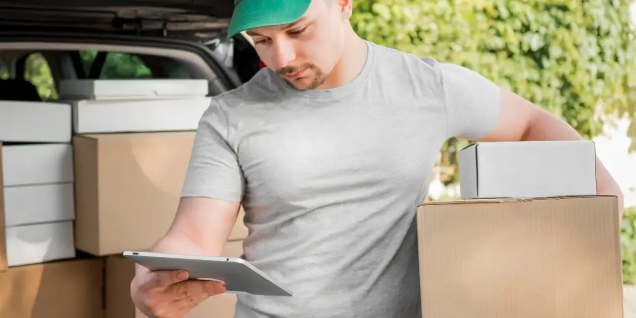 Kurier FedEx sprawdza paczki na tablecie. Zastanawiasz się, ile zarabia kurier FedEx?