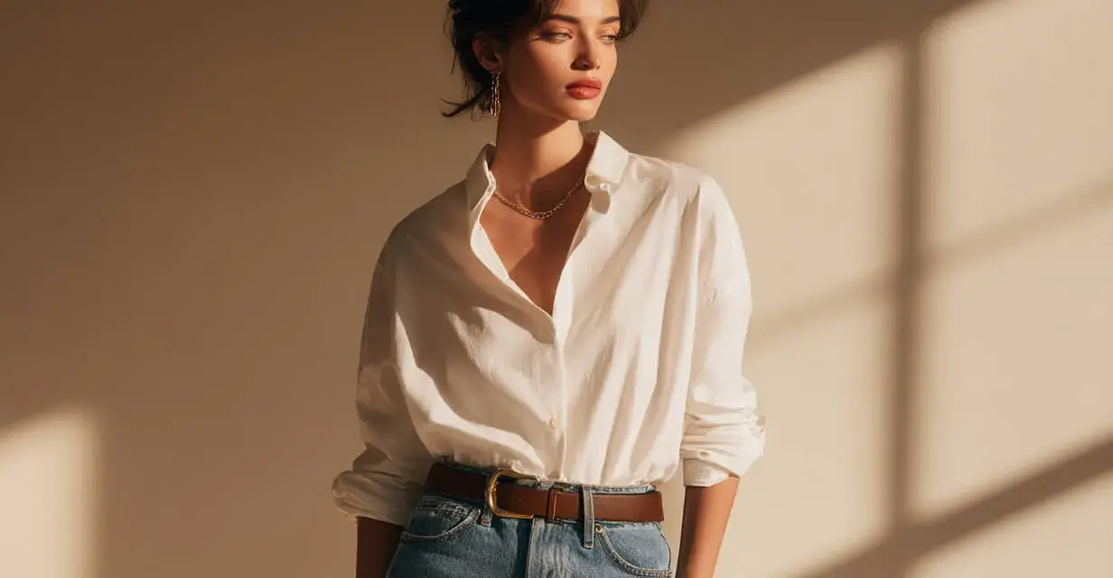 Mujer con camisa blanca arremangada y metida por dentro de sus jeans, cinturón marrón y collar dorado.