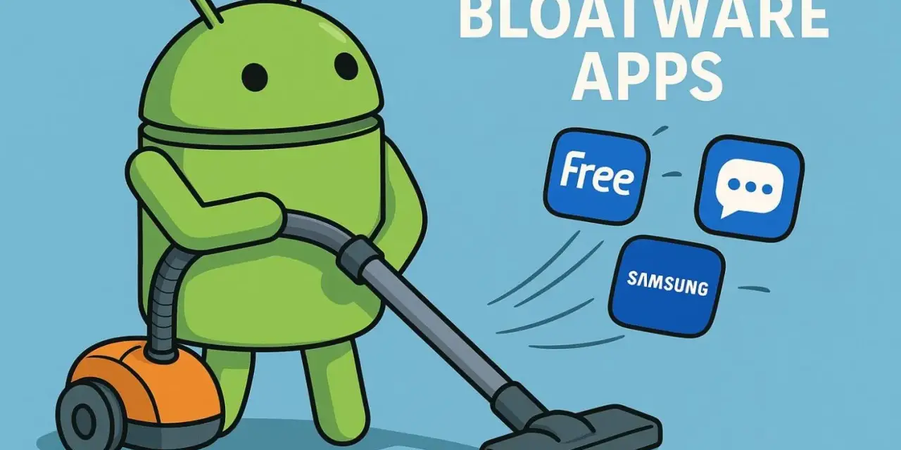 Android-Roboter saugt Bloatware-Apps wie "Free", "Samsung" und eine Chat-Blase ab.