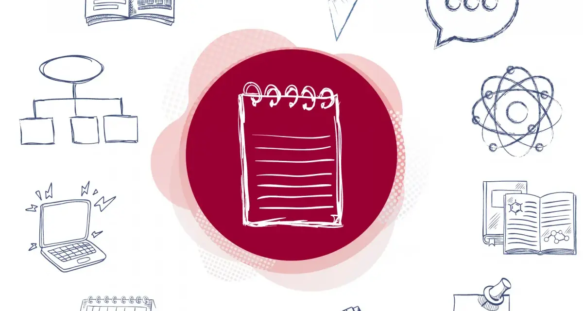 Un cuaderno, un portátil, un calendario y otros elementos gráficos que representan recursos para escritores.