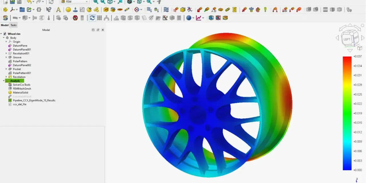 Symulacja naprężeń felgi w programie do projektowania CAD. Kolory wskazują rozkład naprężeń.