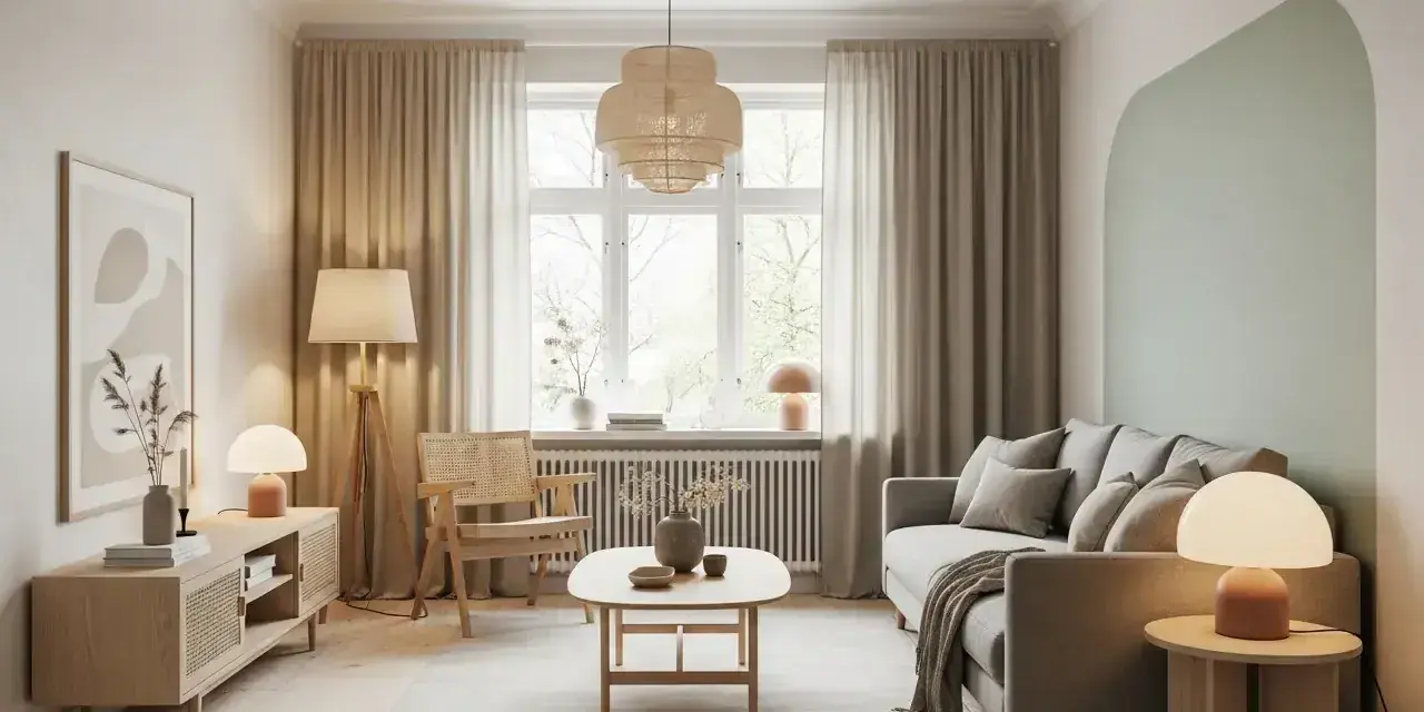 Salon lumineux avec canapé gris, fauteuil en rotin et meubles en bois clair. La **couleur lumineuse pour pièce sombre** est apportée par les lampes et la lumière naturelle.
