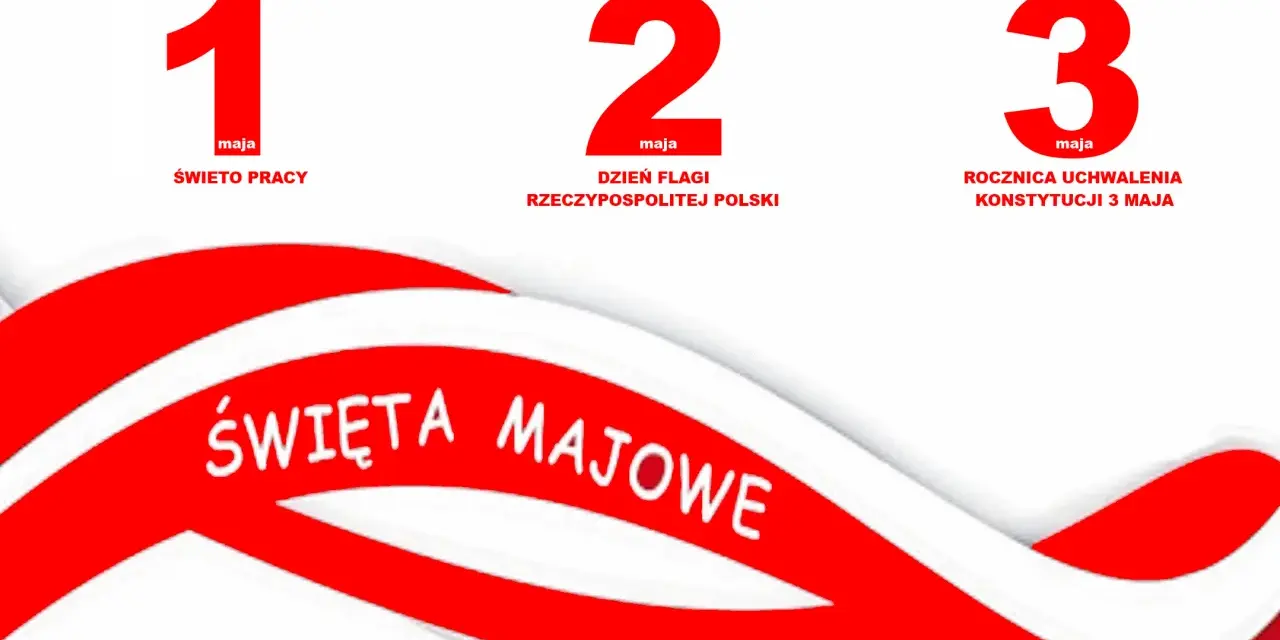 Święta majowe: 1 maja - Święto Pracy, 2 maja - Dzień Flagi RP, 3 maja - Rocznica Uchwalenia Konstytucji. Biało-czerwone wstęgi.
