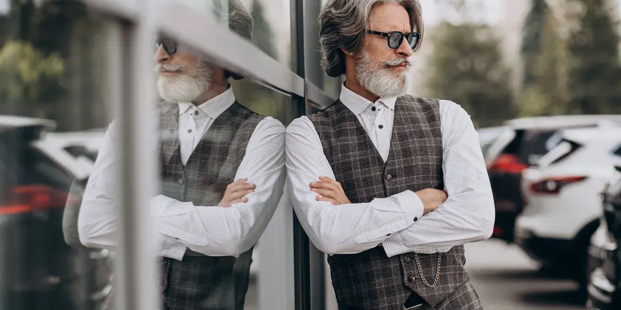 Uomo con barba bianca e occhiali da sole, indossa un elegante outfit uomo gilet a quadri, camicia bianca e pantaloni scuri.