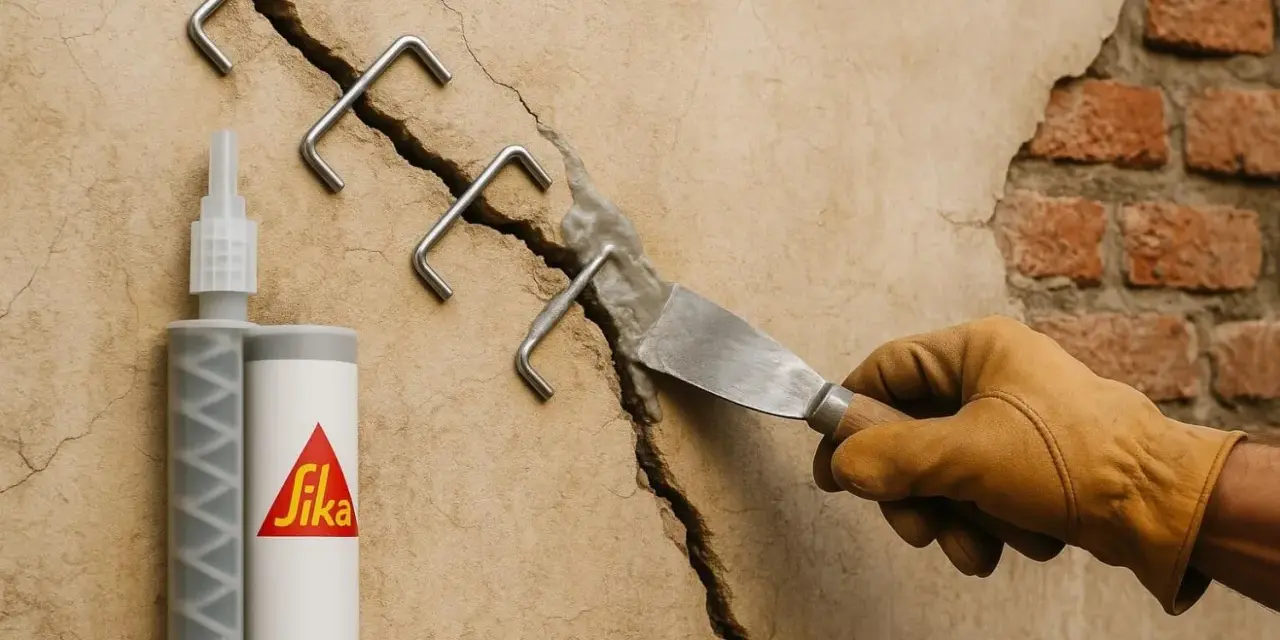 Réparation d'une micro fissure sur un mur de maison avec des agrafes métalliques et un produit Sika.