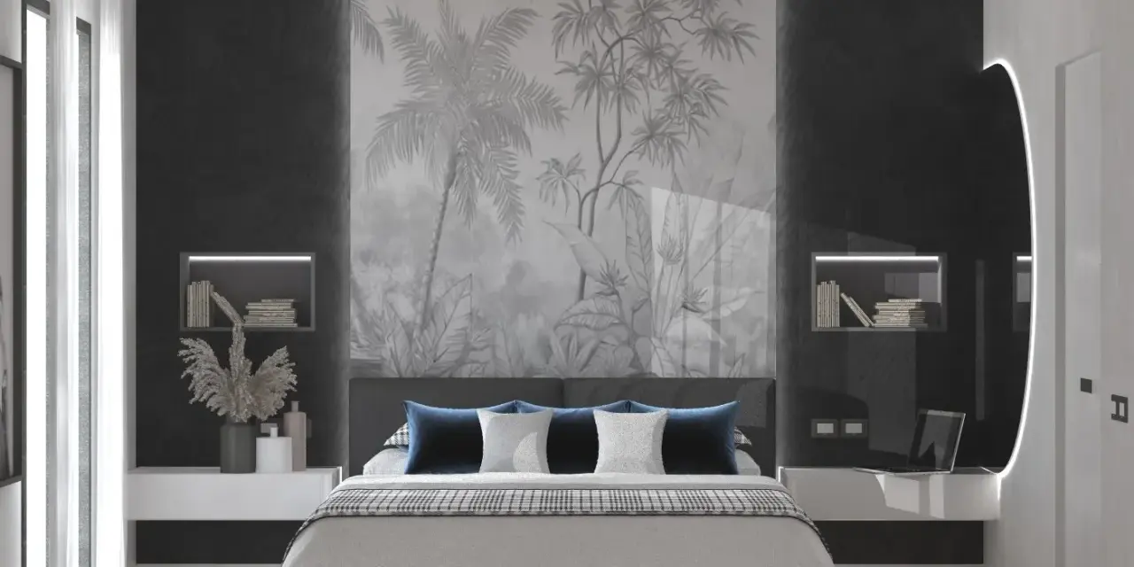 Pareti particolari dietro testata cartongesso camera da letto con un suggestivo murale tropicale.