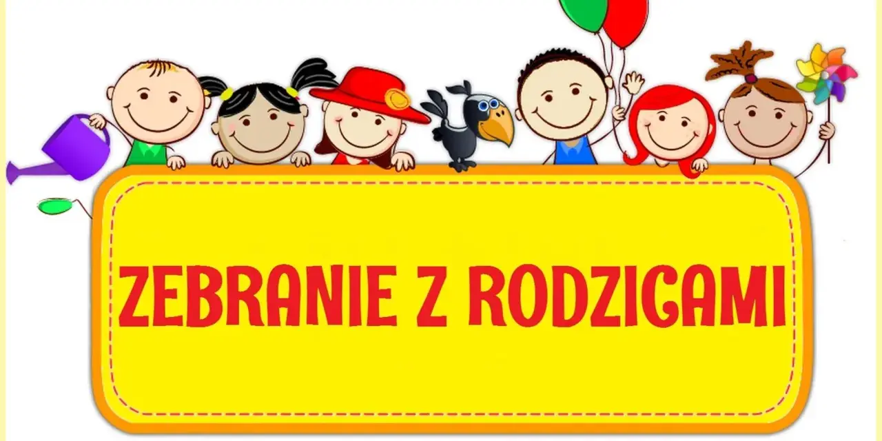 Radosne dzieci z balonami i konewką zapraszają na zebranie z rodzicami.