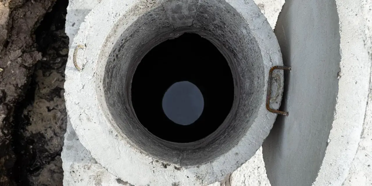 Otwarty betonowy krąg szamba, widok z góry. Rozważasz, jak uszczelnić szambo betonowe od środka?