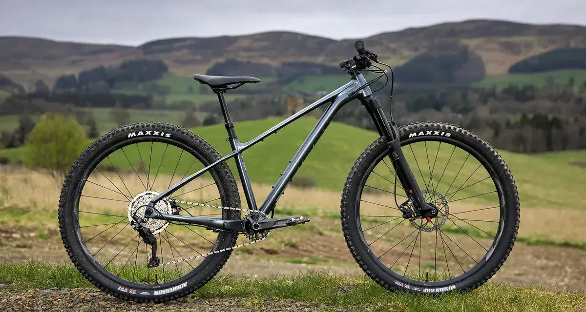 A dark grey hard tail bike with knobby tires sits on a grassy hill, ready for adventure.