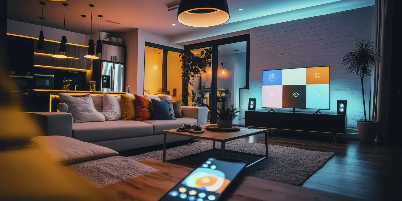 Modernes Wohnzimmer mit Couch, Kamin, Fernseher und Smartphone, das die Steuerung von Smart-Home-Geräten über matter zigbee ermöglicht.