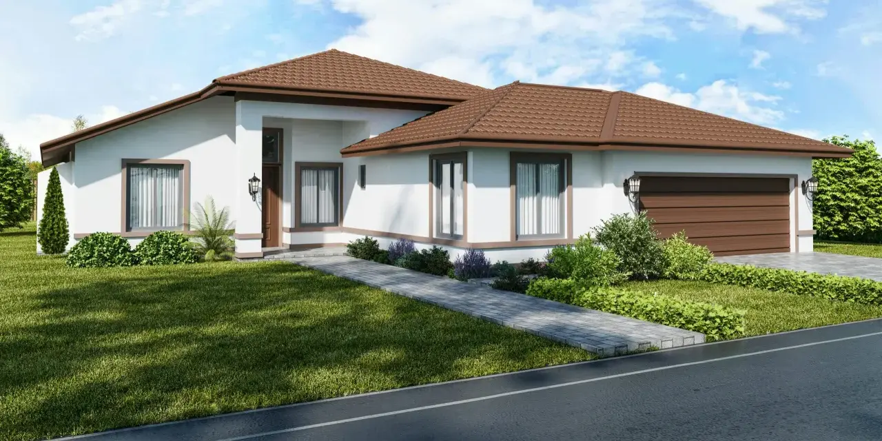 Nowoczesny bungalow z brązowym dachem i białymi ścianami, otoczony zielonym trawnikiem i krzewami.