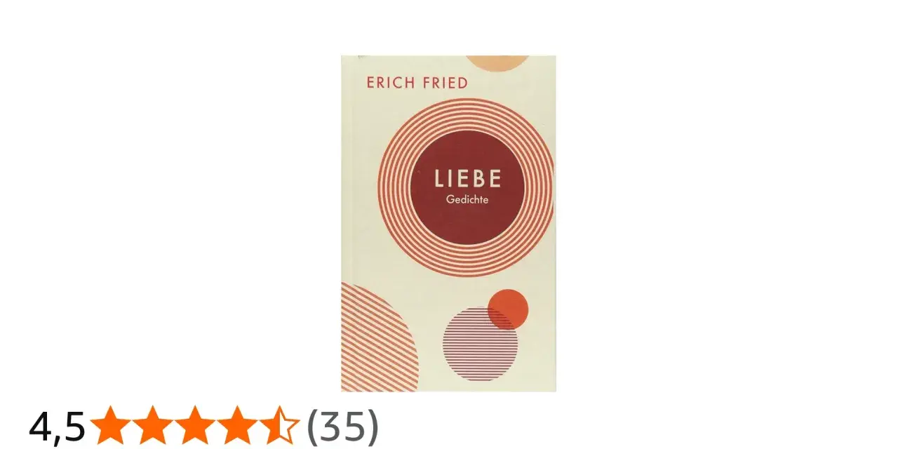 Buchcover von Erich Frieds "Liebe Gedichte" mit roten Kreisen und Streifen auf hellem Hintergrund.