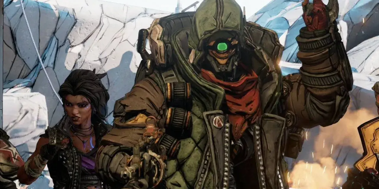 Personajes de Borderlands 3: un robot con un ojo verde y una mujer con chaleco de cuero.