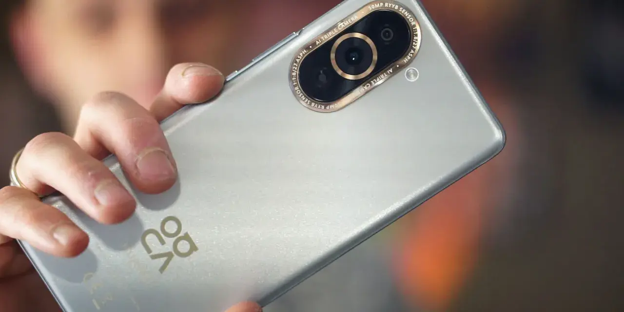 Dłoń trzyma srebrny Huawei Nova 10 Pro, ukazując moduł potrójnego aparatu z 50MP RYYB sensorem.