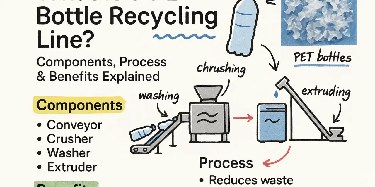 Schemat linii do recyklingu butelek PET: butelki są kruszone, myte i ekstrudowane. Proces ten jest kluczowy dla produkcji butelek plastikowych.