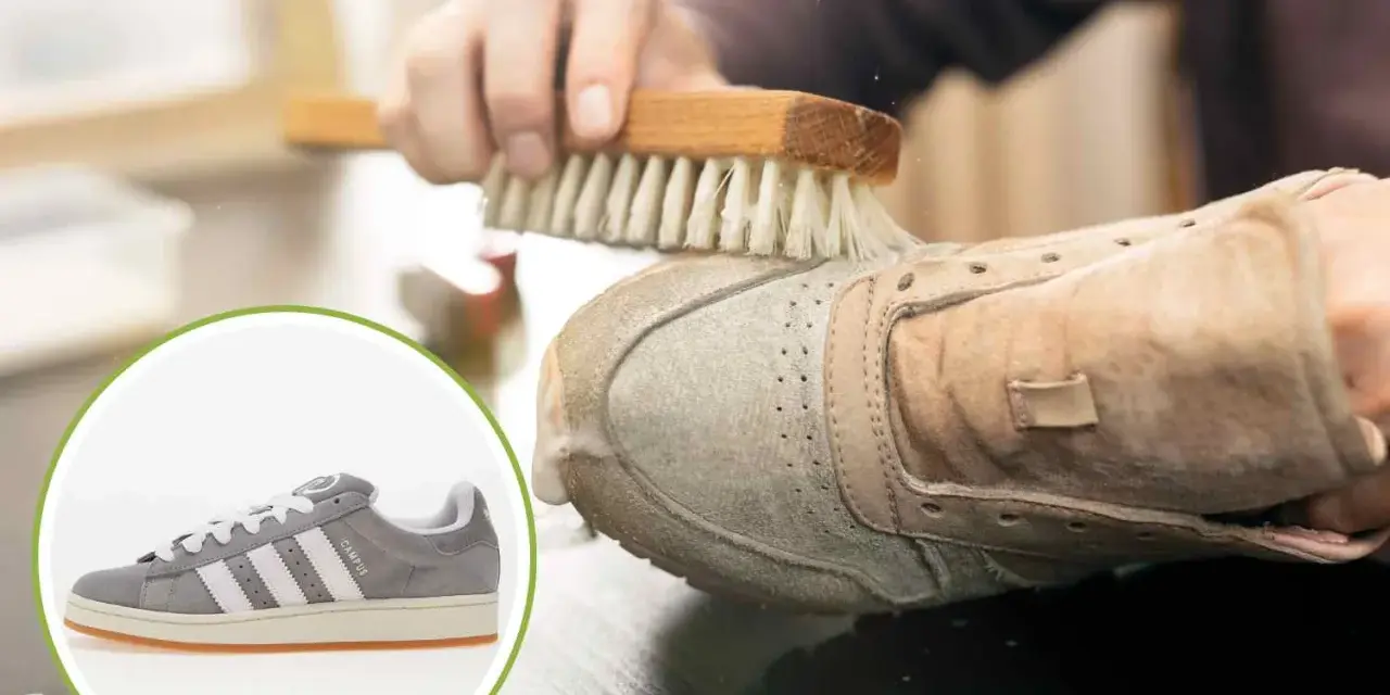 Pulizia meticolosa per lavare Adidas pelle in lavatrice. Un dettaglio mostra una scarpa Adidas grigia, mentre un'altra viene spazzolata.