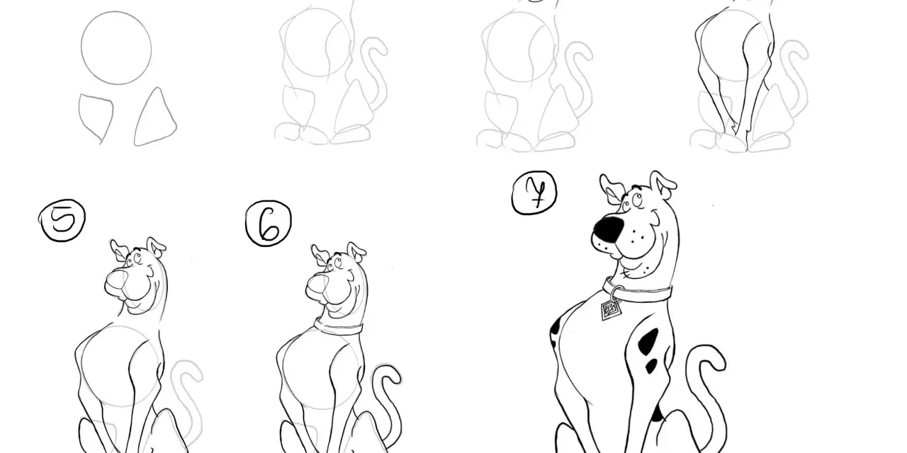 Instrukcja rysowania krok po kroku, jak narysować Scooby-Doo. To łatwe postacie do narysowania, idealne dla początkujących.