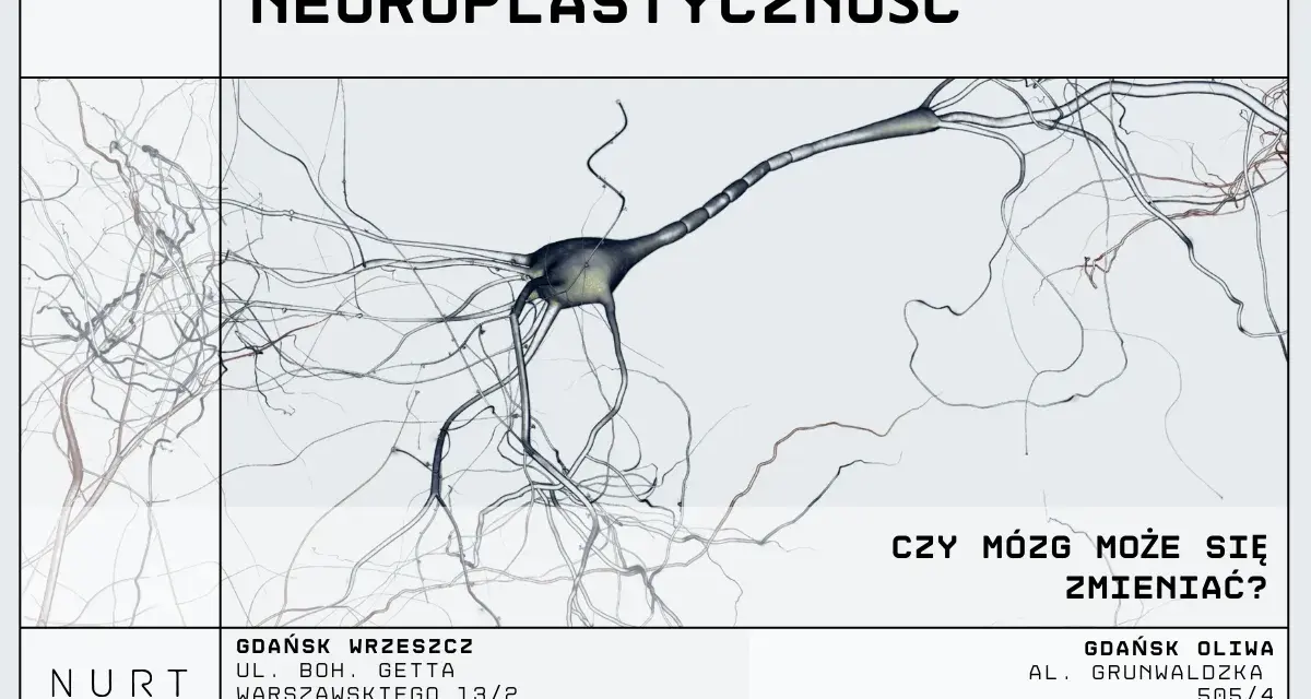 Grafika przedstawia neuron, sugerując, czy mózg to mięsień, który można kształtować. Informacje o centrum terapii.