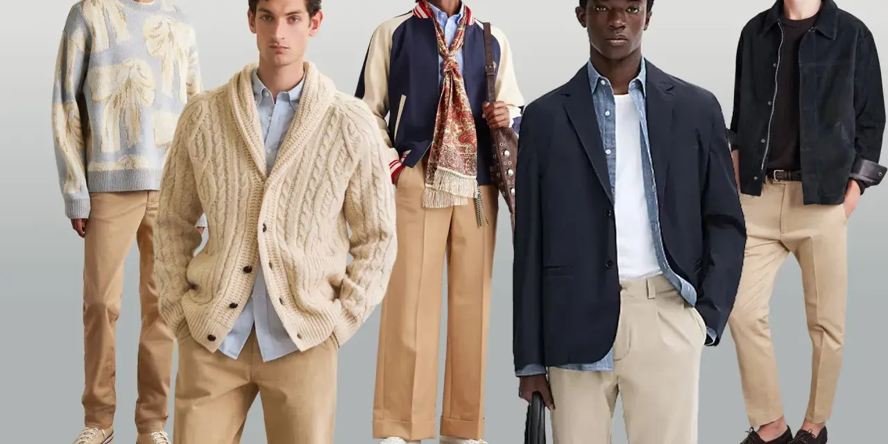 Cinco hombres con estilos urbanos y modernos. Todos lucen un outfit con pantalón beige, combinando chaquetas, cárdigans y camisas.