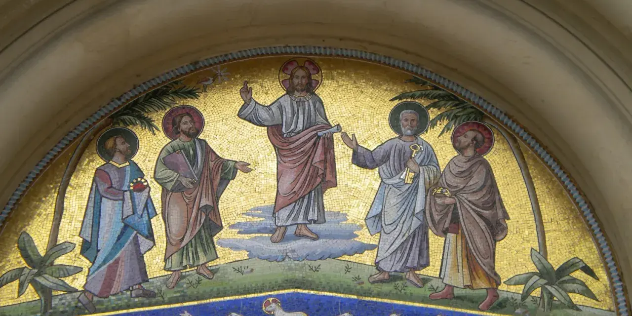 Mosaik zeigt Jesus mit Aposteln, die Schafe hüten. LK 4.